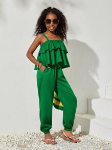 SHEIN Leap Crew SLAYR Tween Girl 女童日常休闲纯色编织细肩带背心，搭配松紧腰九分裤 - 綠色 - 查看 3