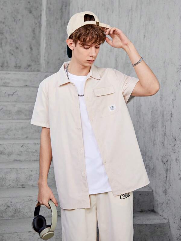Teen Boys' Casual Street Style College Pocket Short Sleeve Shirt