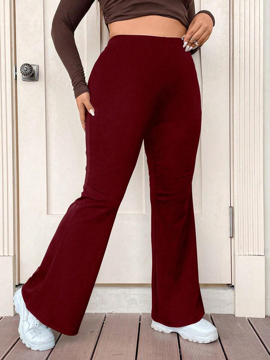 Flirla Plus Size Women's Solid Color Flared Pants Fall Cloth For Women - Burgundy - View 1