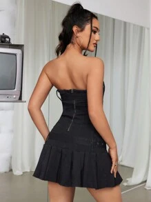 SHEIN ICON Y2K Buổi tiệc Liên hoan âm nhạc Trang phục trên phố Co giãn Gợi cảm Của phụ nữ Đen Denim Quây Đầm - màu đen - Xem 2