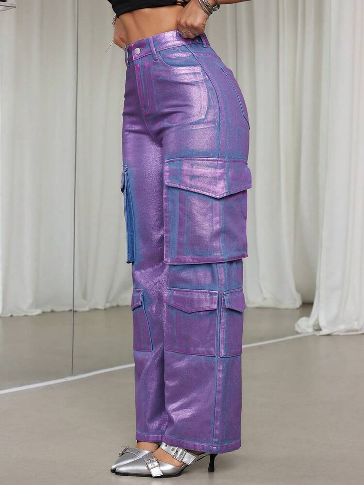 Metallic Cargo Street Style High Waist Loose Wide Leg Denim Pants For Women