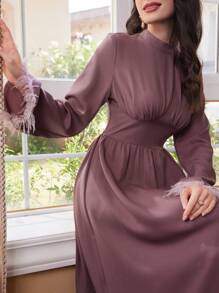 Modelyn 女性立領拼接波浪袖帶袖口連身裙 - 紫色 - 查看 6