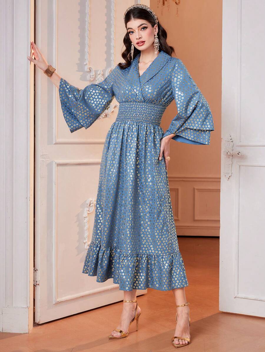 Modelyn Women's Arabian Style Solid Color Shawl Collar Shirred Dress Long Evening Dresses - Blue - View 1