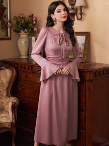 Modelyn Women's Tie Neck Flare Sleeve Dress