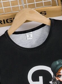 Tween Girl Cartoon Character & Letter Printed Top And Camouflage Printed Cargo Pants Set, School, Campus, College - Black - View 4