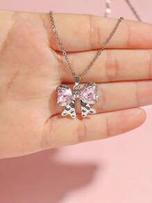 ROMWE Kawaii 1 件酷甜情侶風格大粉紅色水鑽蝴蝶吊墜項鍊 - 粉色 - 查看 3