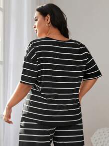 Plus Size Black & White Striped Short Sleeve Pajama Top