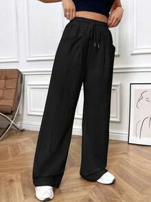 SHEIN EZwear Drawstring Waist Wide Leg Cotton Pants - Black - View 7