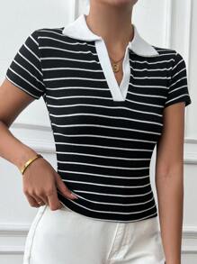 Cottnline Camiseta De Manga Corta A Rayas Con Cuello Tipo Polo Para Mujer, Estilo Universitario Informal, Material Elástico, A Granel - Blanco y Negro - Ver 4