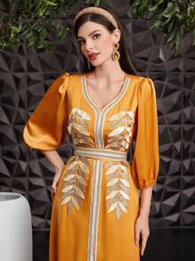 Al Najma Women's 3/4 Lantern Sleeve Embroidered Dress With Waist Cinched - Yellow - View 6