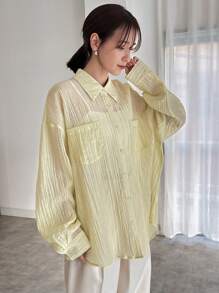 FRIFUL Women's Dropped Shoulder Texture Fabric Shirt With Front Pocket Sheer Long Sleeve Top - Beige - View 5