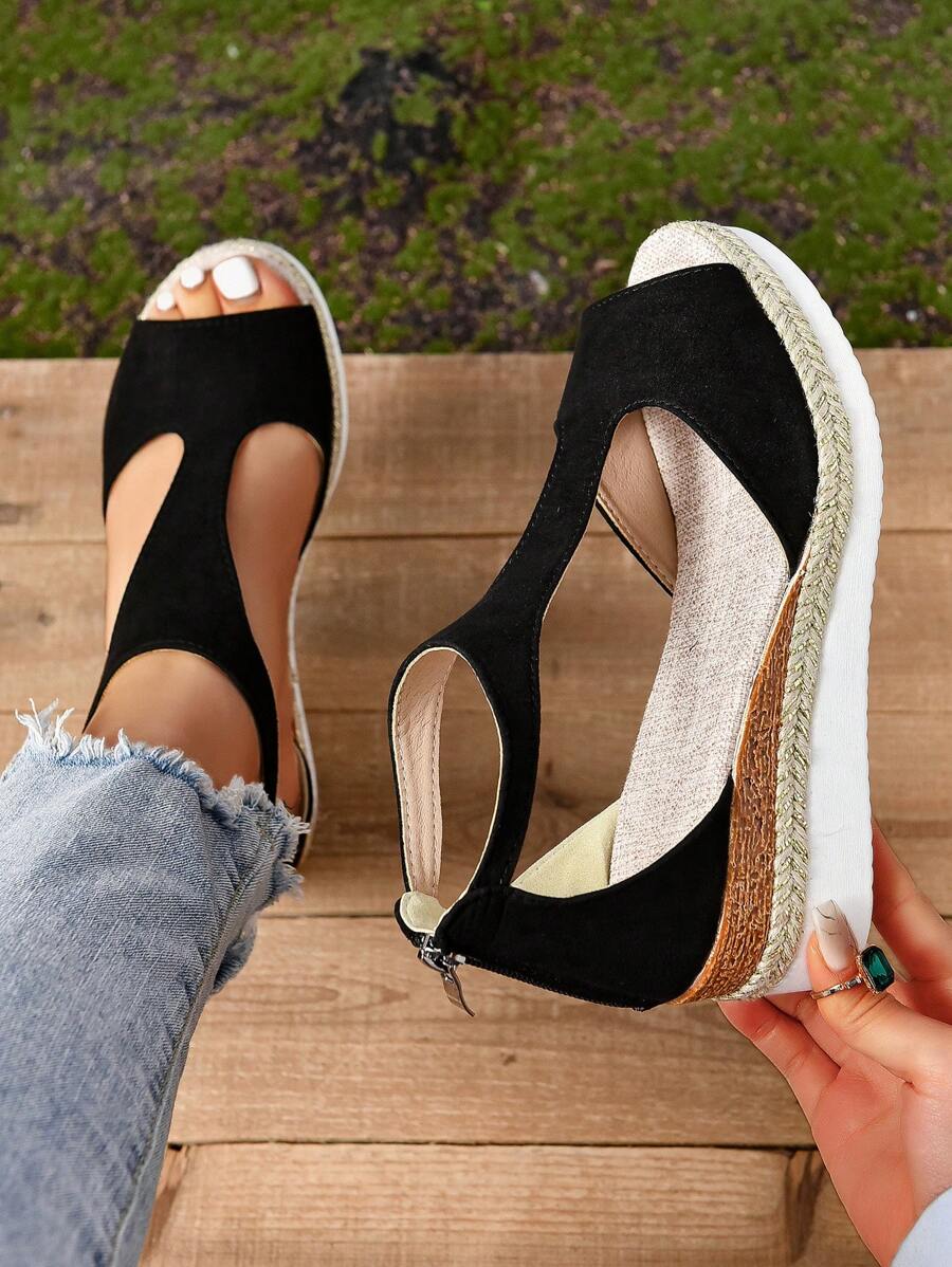 大码女式新款纯色后拉链复古罗马风格轻便厚底凉鞋 - 黑色 - 查看 1