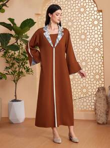 Al Najma Hình học In Tay áo dài Đầm Với Bộ đồ Vòng cổ - Cà phê nâu - Xem 5