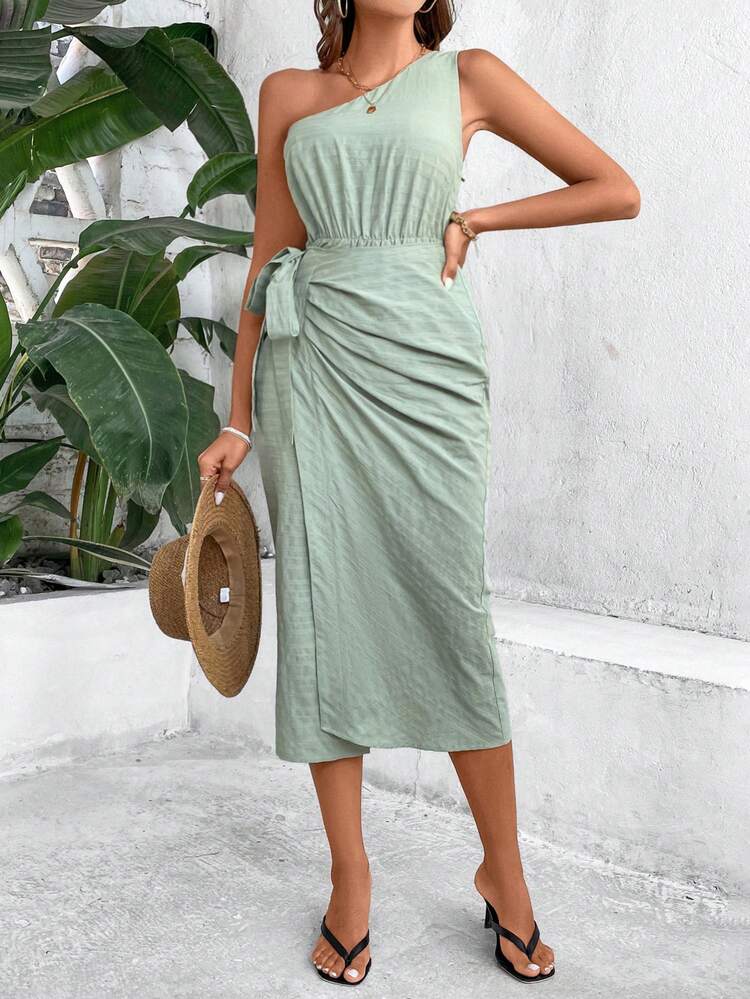 Women's One Shoulder Sleeveless Knotted Side Bodycon Dress