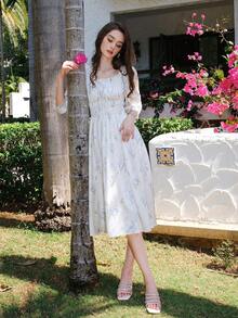 Women's Floral Print Frill Trim Front Tie Midi Dress - Blue - View 8