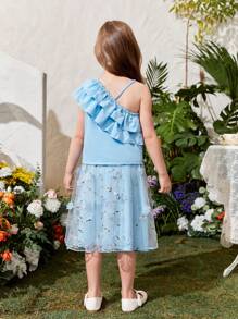 SHEIN Young Girls' Double Layer Ruffle Trim Top And Embroidered Mesh Overlay Skirt Set - Blue - View 2