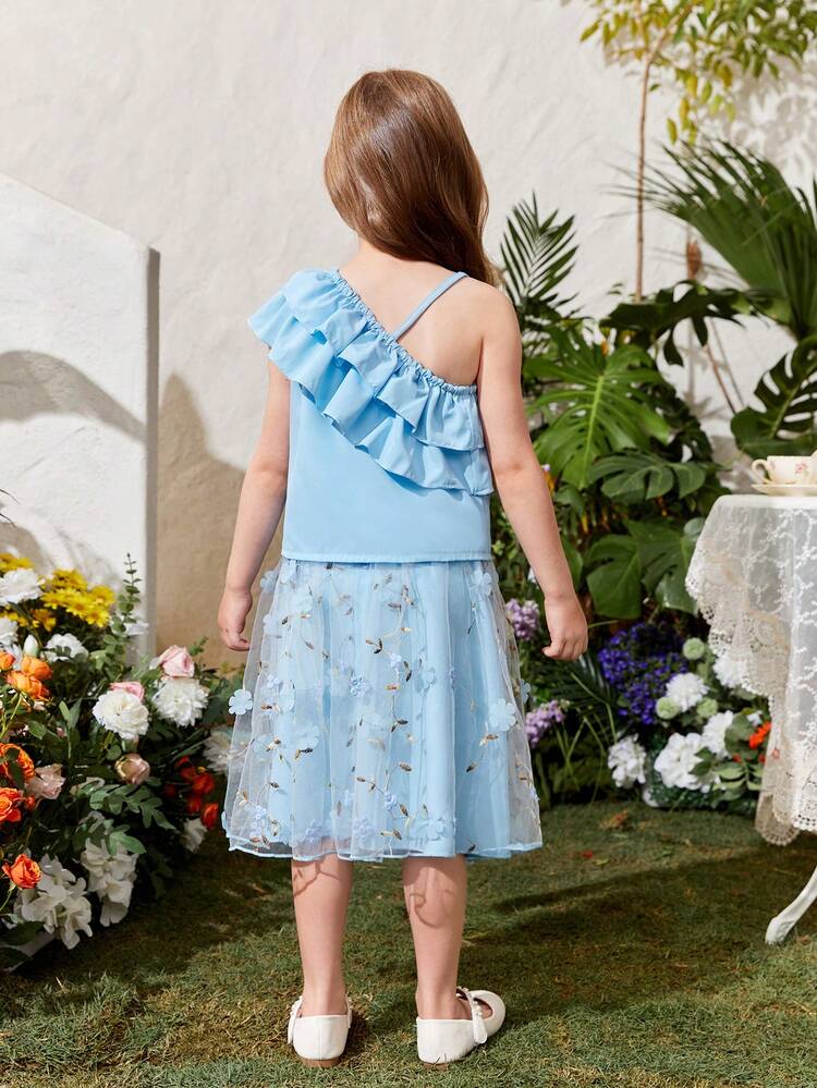 Young Girls' Double Layer Ruffle Trim Top And Embroidered Mesh Overlay Skirt Set