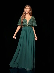 V-Neck Perspective Lace Shawl & Chiffon Splice Dress With Flounce Hem - Dark Green - View 6