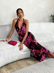 SHEIN BAE Halter Cowl Collar Mesh Printed Mermaid Dress,Summer Dresses For Women,Tea Party Dress - Multicolor - View 1