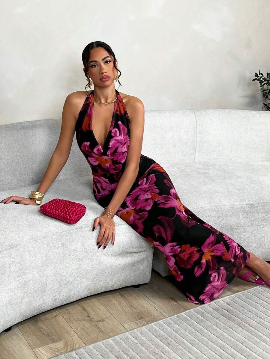 SHEIN BAE Halter Cowl Collar Mesh Printed Mermaid Dress,Summer Dresses For Women,Tea Party Dress - Multicolor - View 1