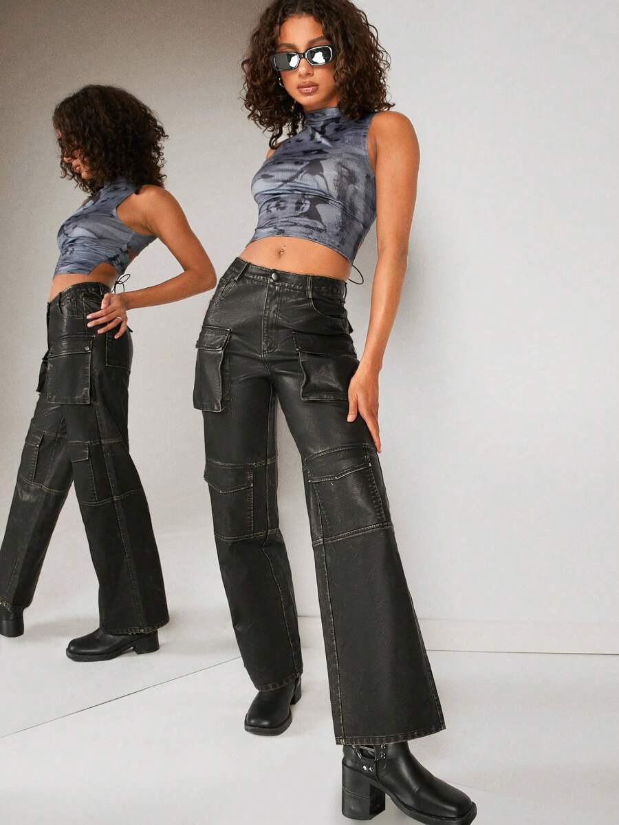 Denimoi Pu皮革翻蓋口袋貨物褲 - 黑色 - 查看 1