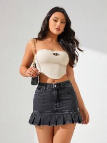 SHEIN Privé 女用褶皺下擺迷你牛仔裙 - 黑色 - 查看 5