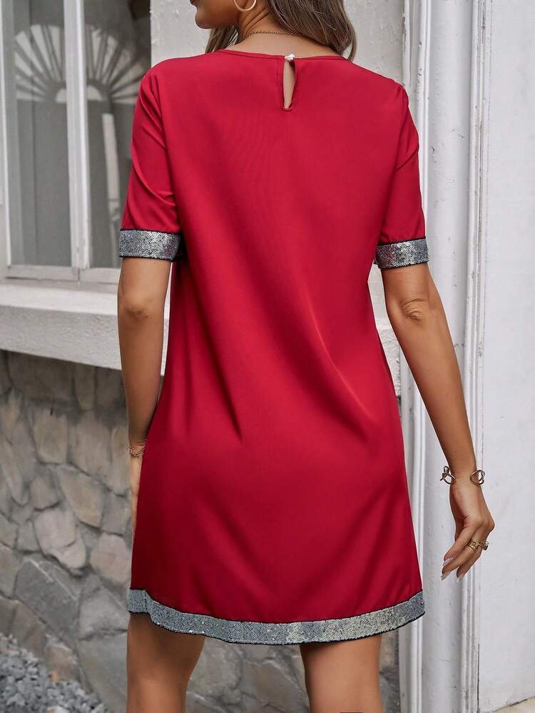 Color-Block Short Sleeve Dress Embellished With Glitter