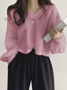 DAZY Women's Solid Color V-Neck Drop Shoulder Long Sleeved T-Shirt,Fall Clothes Preppy Tops Crop Women Tops - Pink - View 4