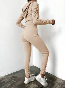 EURMUSE Zip Up Drawstring Hoodie & Leggings - Apricot - View 2