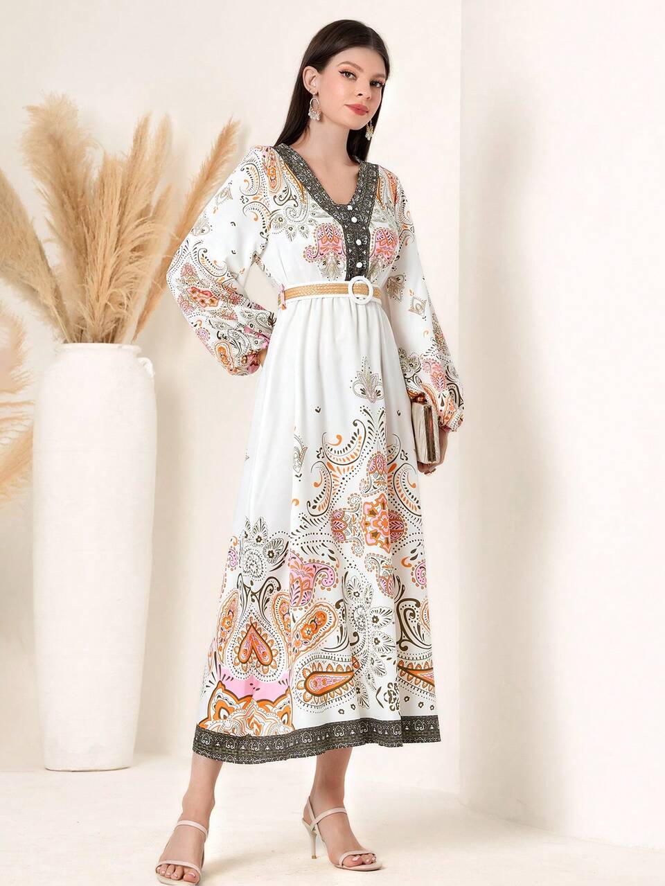 Women's V-Neck Long Sleeve Knee-Length Dress With Paisley Print Fall Cloth For Women