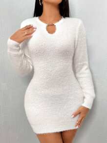 SHEIN LUNE Vestido De Malha Felpudo Feminino Com Decoração De Corrente - Branco - Ver 3