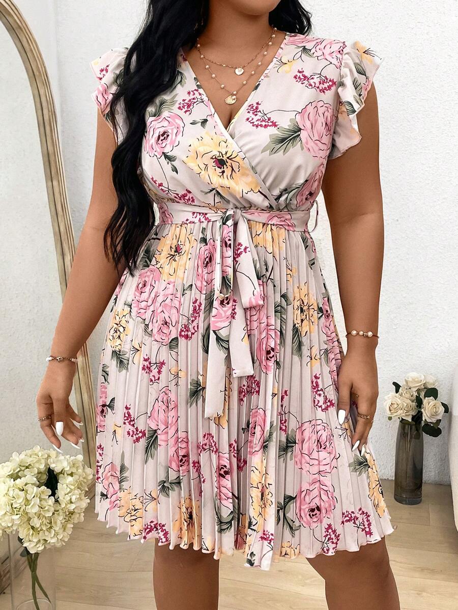 SHEIN Clasi Plus Size Women's Floral Print Knot Design Ruffle Hem Summer Boho Dress - Pink - View 1