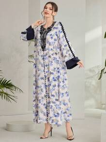 Al Najma Floral Print Notch V-Neckline A-Line Dress Kaftan Jalabiya Dress - Multicolor - View 7