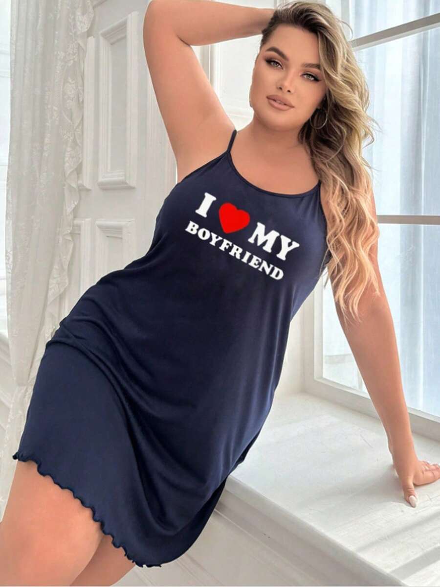 SHEIN LUNE Plus Size Cami Dress With Slogan & Heart Print - Blue - View 1