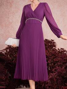 Modelyn Robe longue de soirée pour femmes avec col drapé, manches longues et ourlet plissé - Fushia - Voir 4