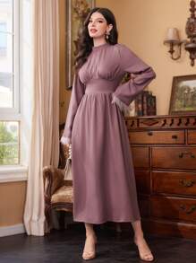 Modelyn 女性立領拼接波浪袖帶袖口連身裙 - 紫色 - 查看 7