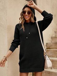 RueChic Drop Shoulder Drawstring Hooded Jumper Dress - Black - View 3