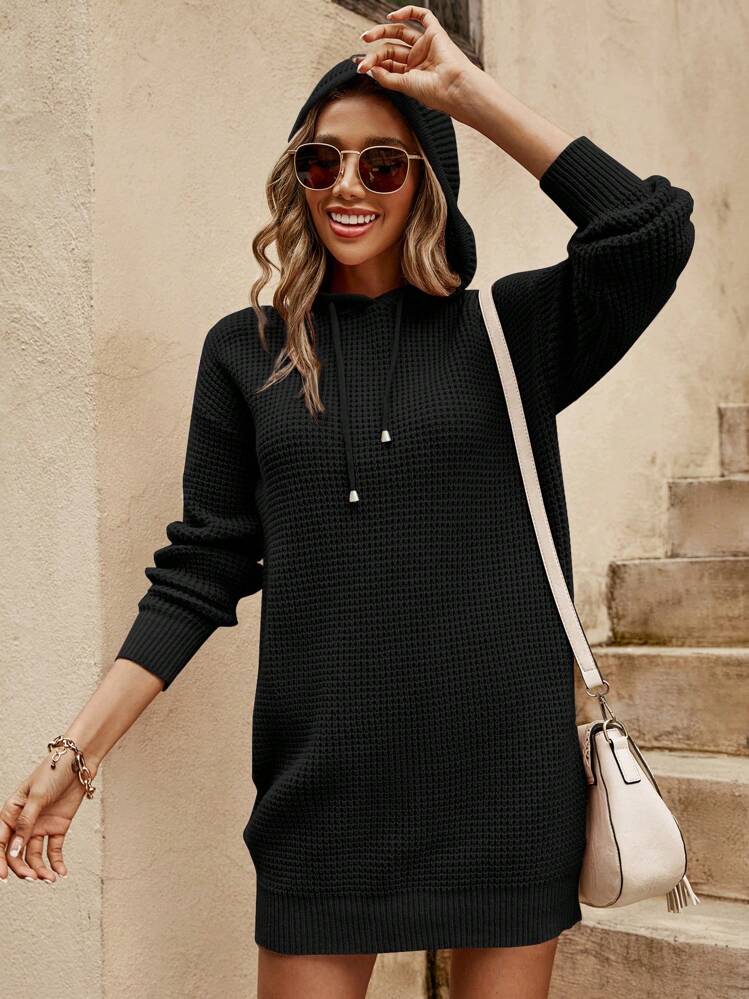 RueChic Drop Shoulder Drawstring Hooded Sweater Dress - Black - View 3