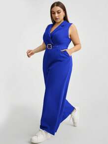 SHEIN Essnce Enterizo De Talla Grande Con Piernas Anchas De Color Sólido - azul real - Ver 5
