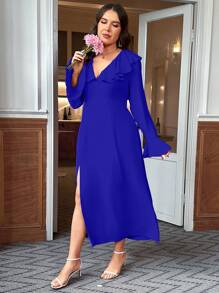 SHEIN Clasi Vestido Con Abertura Alta En Talla Grande, Cuello En V Con Dobladillo De Volantes - Azul - Ver 4