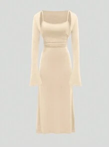 SHEIN Unity Women's Solid Color Bell Sleeve Shrug Top And Cami Dress 2pcs Set - Apricot - View 3