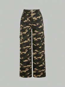 SHEIN Wildeya Jeans De Camuflaje De Carga Casual, Con Estilo Y Vintage Para Chica Adolescente Con Pierna Recta
