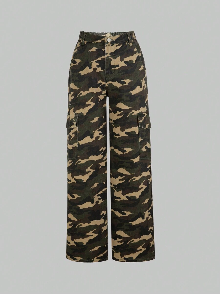 SHEIN Wildeya Jeans De Camuflaje De Carga Casual, Con Estilo Y Vintage Para Chica Adolescente Con Pierna Recta