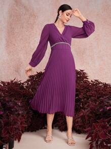 Modelyn Robe longue de soirée pour femmes avec col drapé, manches longues et ourlet plissé - Fushia - Voir 7