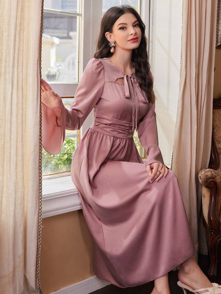 Modelyn Women's Tie Neck Flare Sleeve Dress