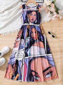 SHEIN 少女時尚休閒街頭風卡通印花無袖裙 - 彩色 - 查看 1