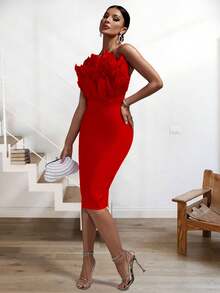 Fuzzy Trim Tube Bodycon Dress - Red - View 6