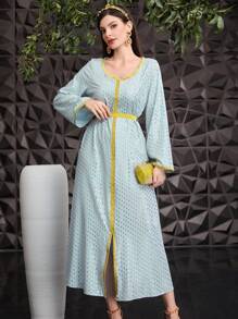Al Najma Allover Printed Contrast Tape Dress - Blue - View 5