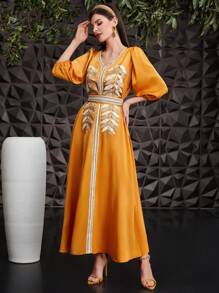 Al Najma Women's 3/4 Lantern Sleeve Embroidered Dress With Waist Cinched - Yellow - View 3