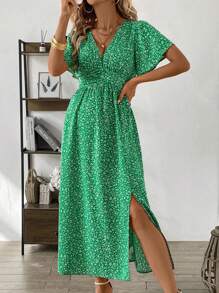 SHEIN Clasi Ladies' V-Neck Plant Printed Dress With Ruffle Sleeves And Side Slit - Green - View 6